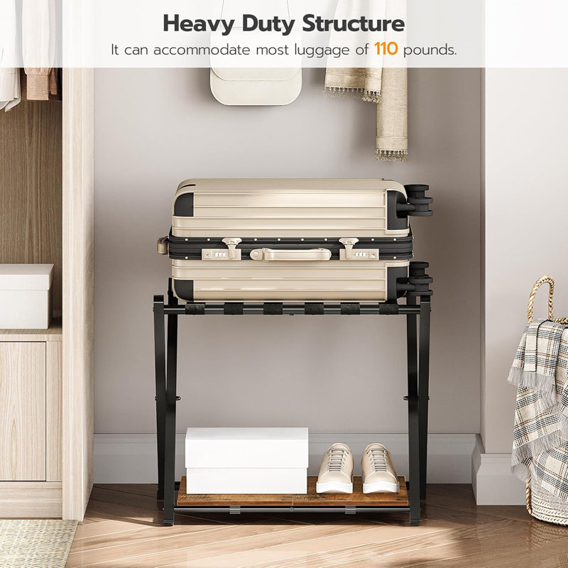 Fish hunter Folding Luggage Rack Suitcase Stand Holder With Wooden Storage Shelf Holds Up To 110 Lb 27.2 X 15.7 X 24 Inches For Guest Room Bedroom Closet Hotel Rustic Brown And Black Wayfair